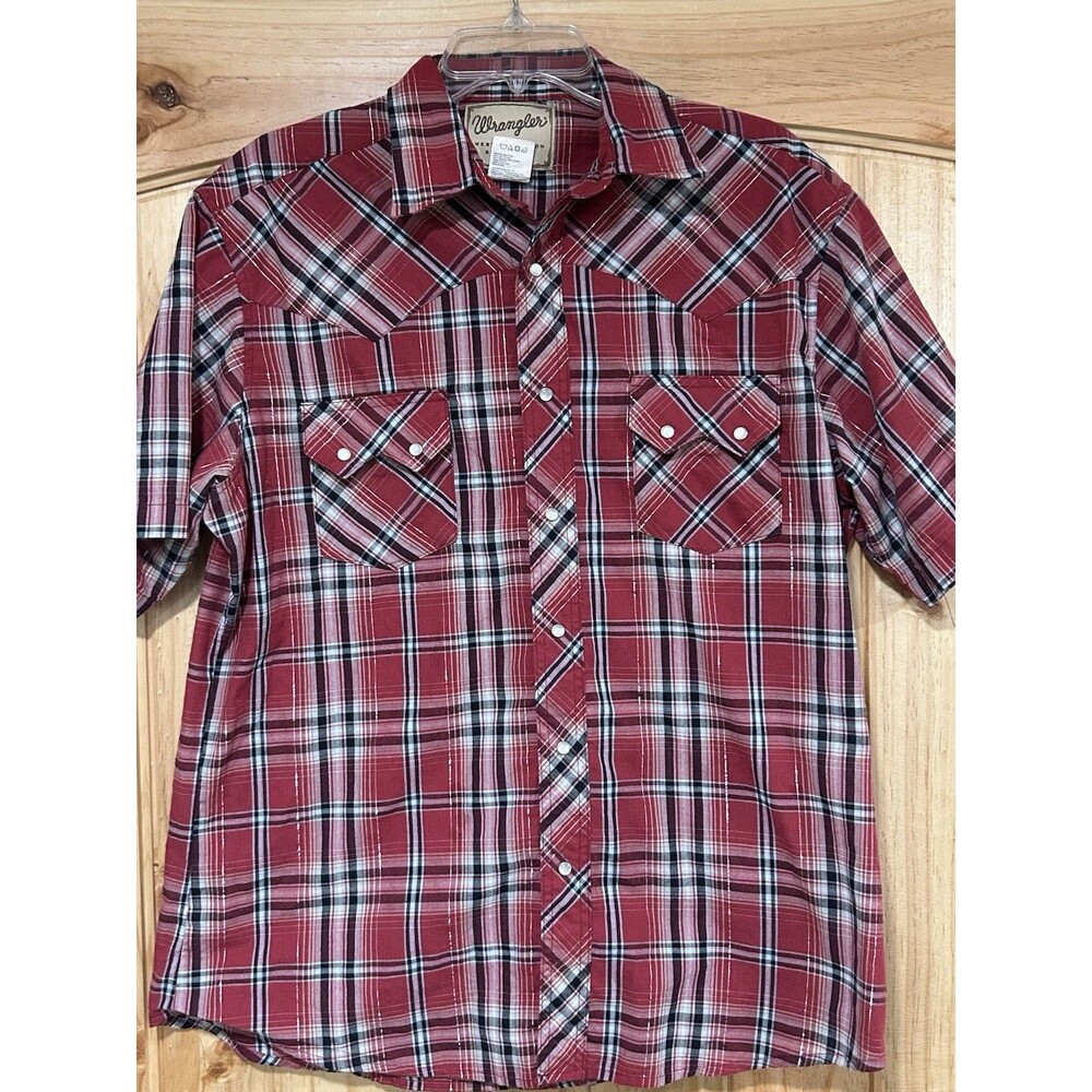 Wrangler Western Fashion Snap Shirt Men’s Short Sleeve Red Blue Plaid Pearl L